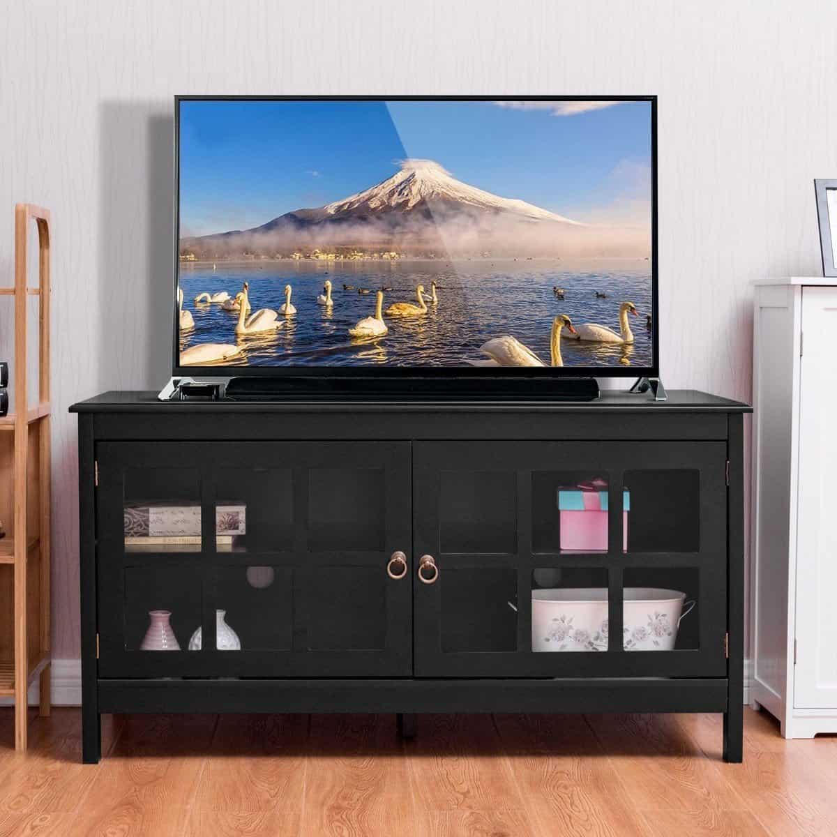 Black Wood TV Stand with Glass Doors for 50-Inch TVs 2 Black Wood TV Stand with Glass Doors for 50-Inch TVs - Image 2