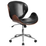 Mid-Back Walnut Wood and Black Faux Leather Office Chair 6 Mid-Back Walnut Wood and Black Faux Leather Office Chair