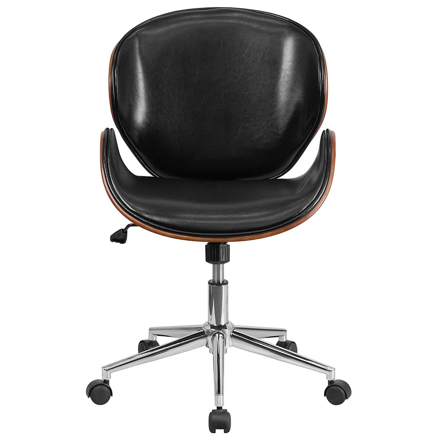 Mid-Back Walnut Wood and Black Faux Leather Office Chair 4 Mid-Back Walnut Wood and Black Faux Leather Office Chair - Image 4
