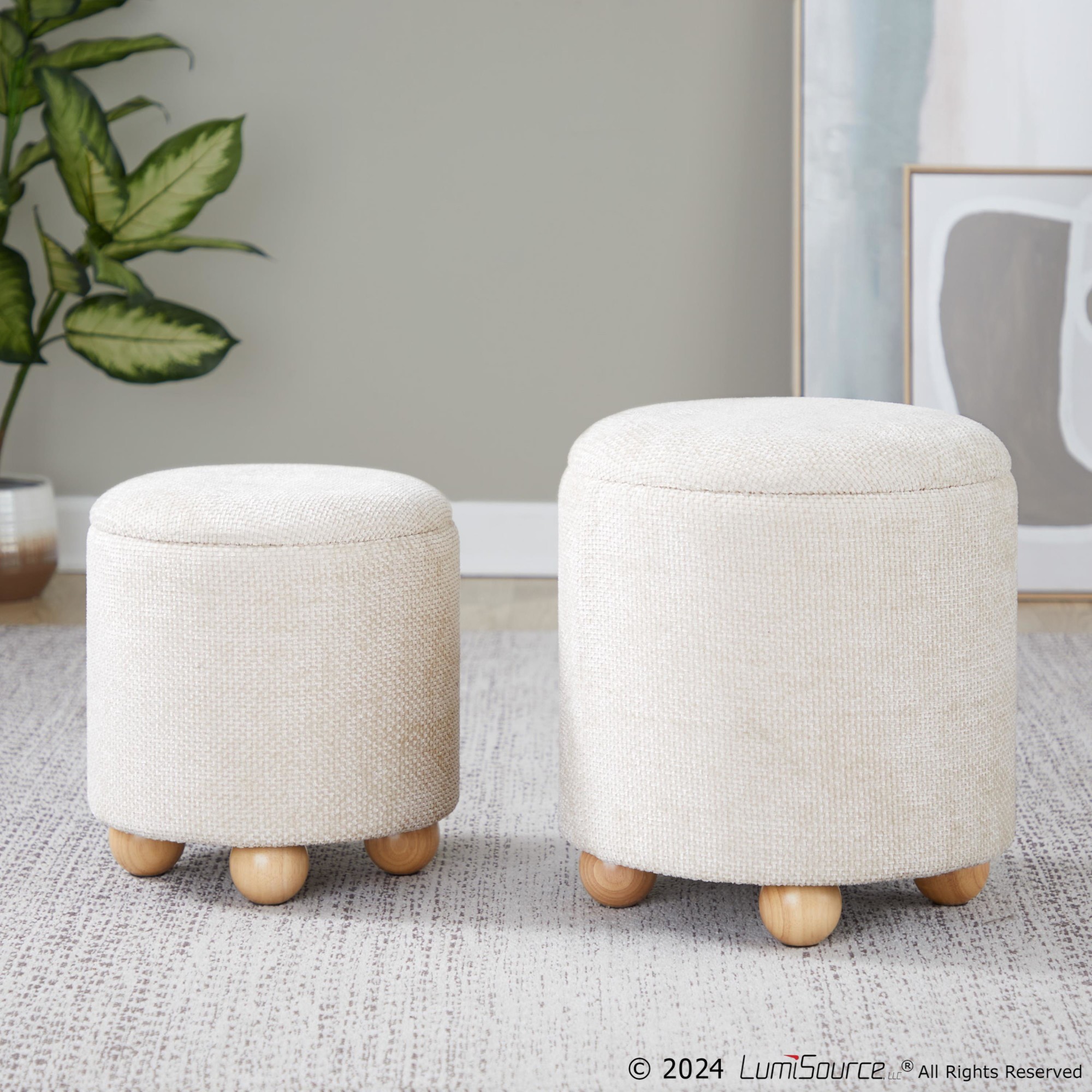 Bacci Contemporary Beige Fabric Storage Ottoman Set Natural Wood (Set of 2) 2 Bacci Contemporary Beige Fabric Storage Ottoman Set Natural Wood (Set of 2) - Image 2
