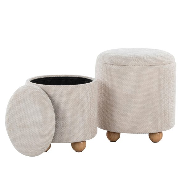 Bacci Contemporary Beige Fabric Storage Ottoman Set Natural Wood Set of 2 10