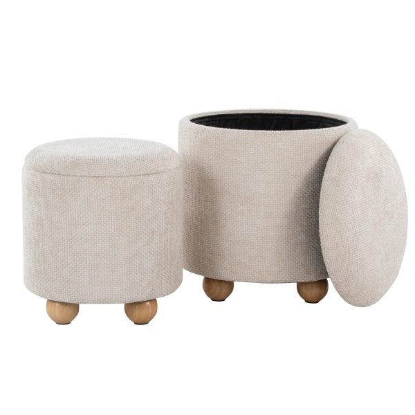 Bacci Contemporary Beige Fabric Storage Ottoman Set Natural Wood Set of 2 11