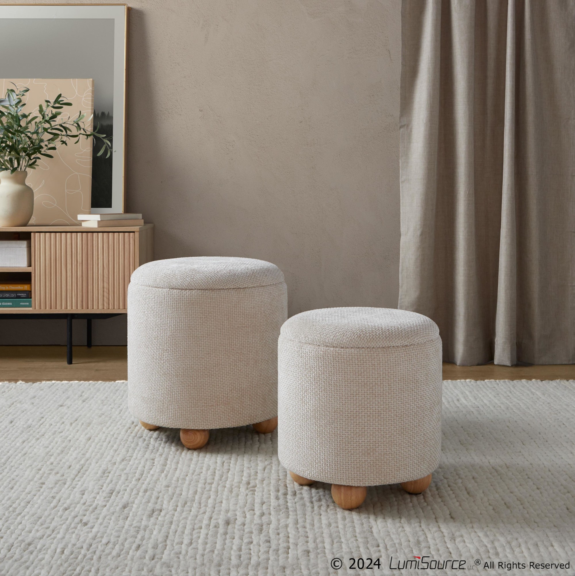 Bacci Contemporary Beige Fabric Storage Ottoman Set Natural Wood (Set of 2) 3 Bacci Contemporary Beige Fabric Storage Ottoman Set Natural Wood (Set of 2) - Image 3