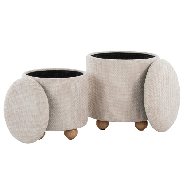 Bacci Contemporary Beige Fabric Storage Ottoman Set Natural Wood Set of 2 6