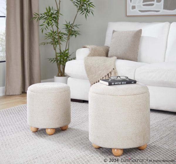Bacci Contemporary Beige Fabric Storage Ottoman Set Natural Wood Set of 2