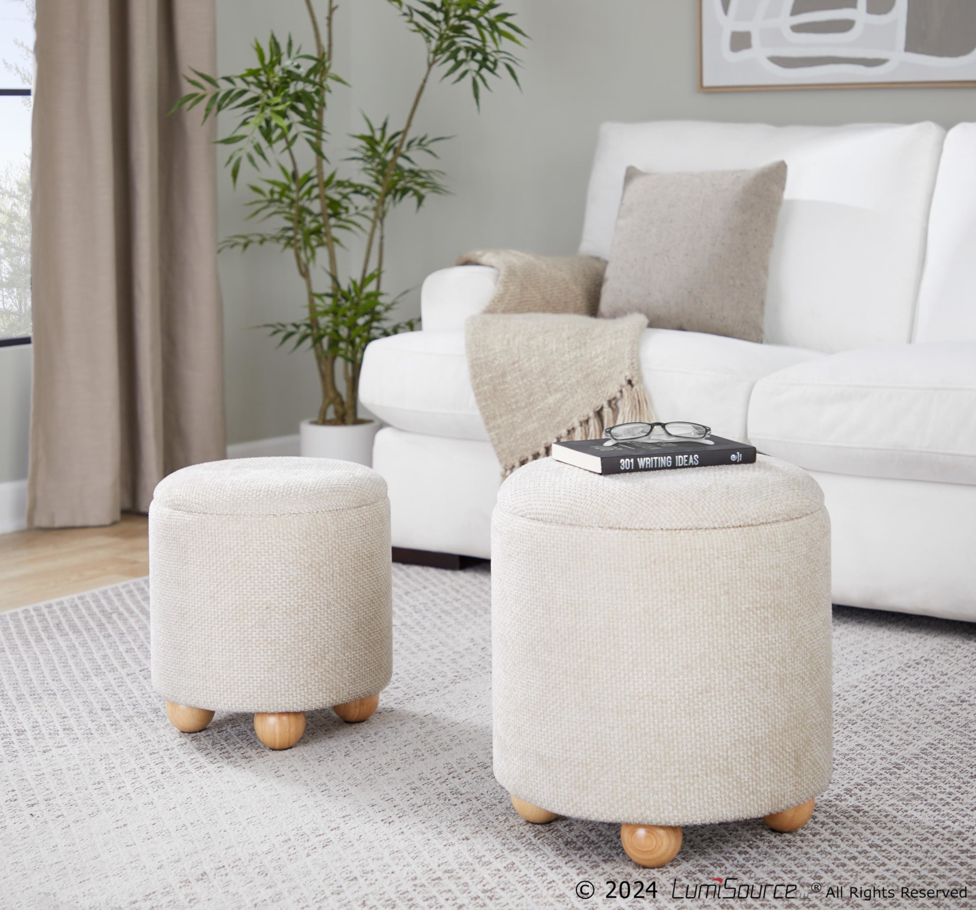 Bacci Contemporary Beige Fabric Storage Ottoman Set Natural Wood (Set of 2) 1 Bacci Contemporary Beige Fabric Storage Ottoman Set Natural Wood (Set of 2)