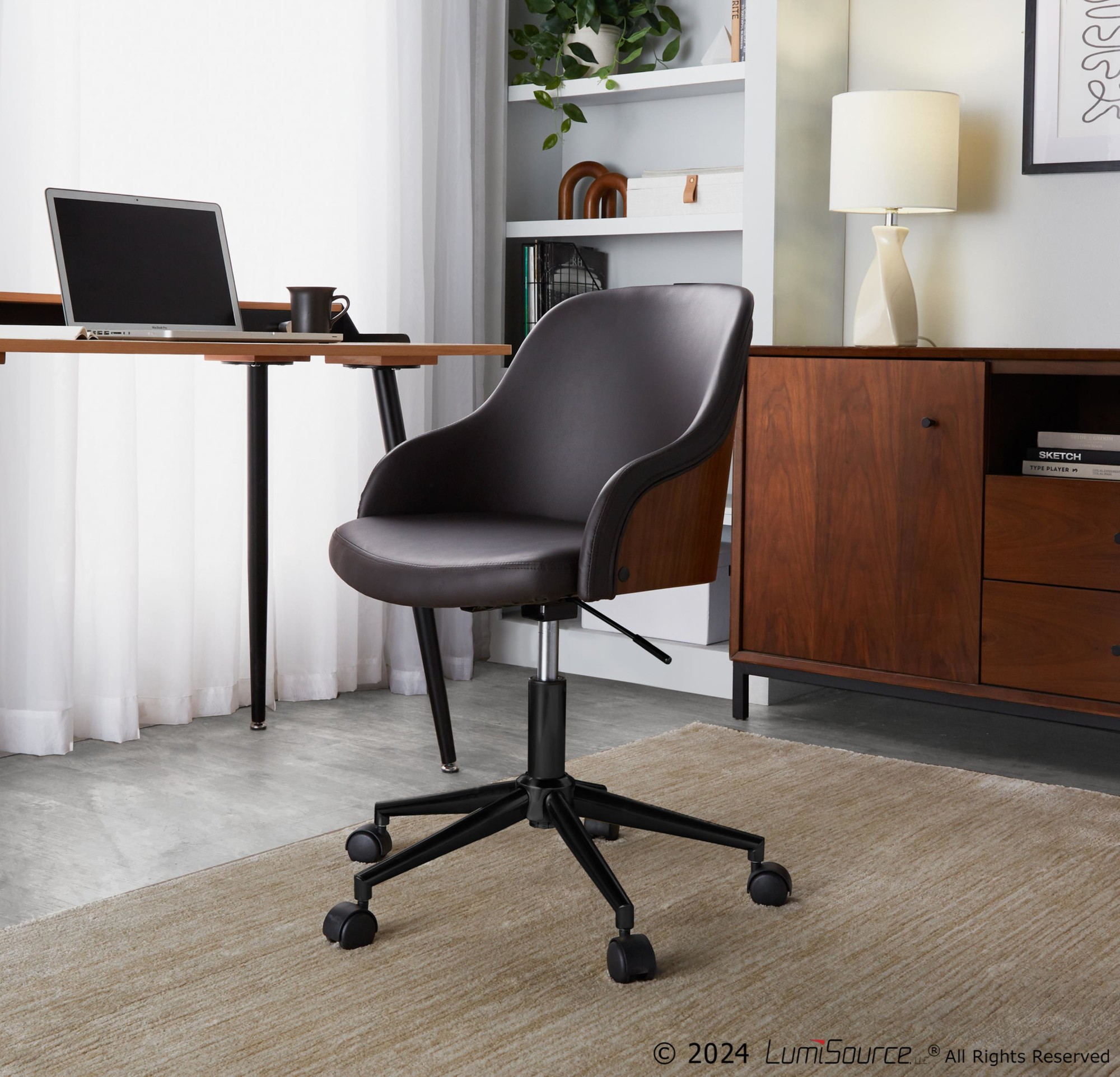 Bacci Contemporary Brown Faux Leather and Walnut Office Chair 1 Bacci Contemporary Brown Faux Leather and Walnut Office Chair