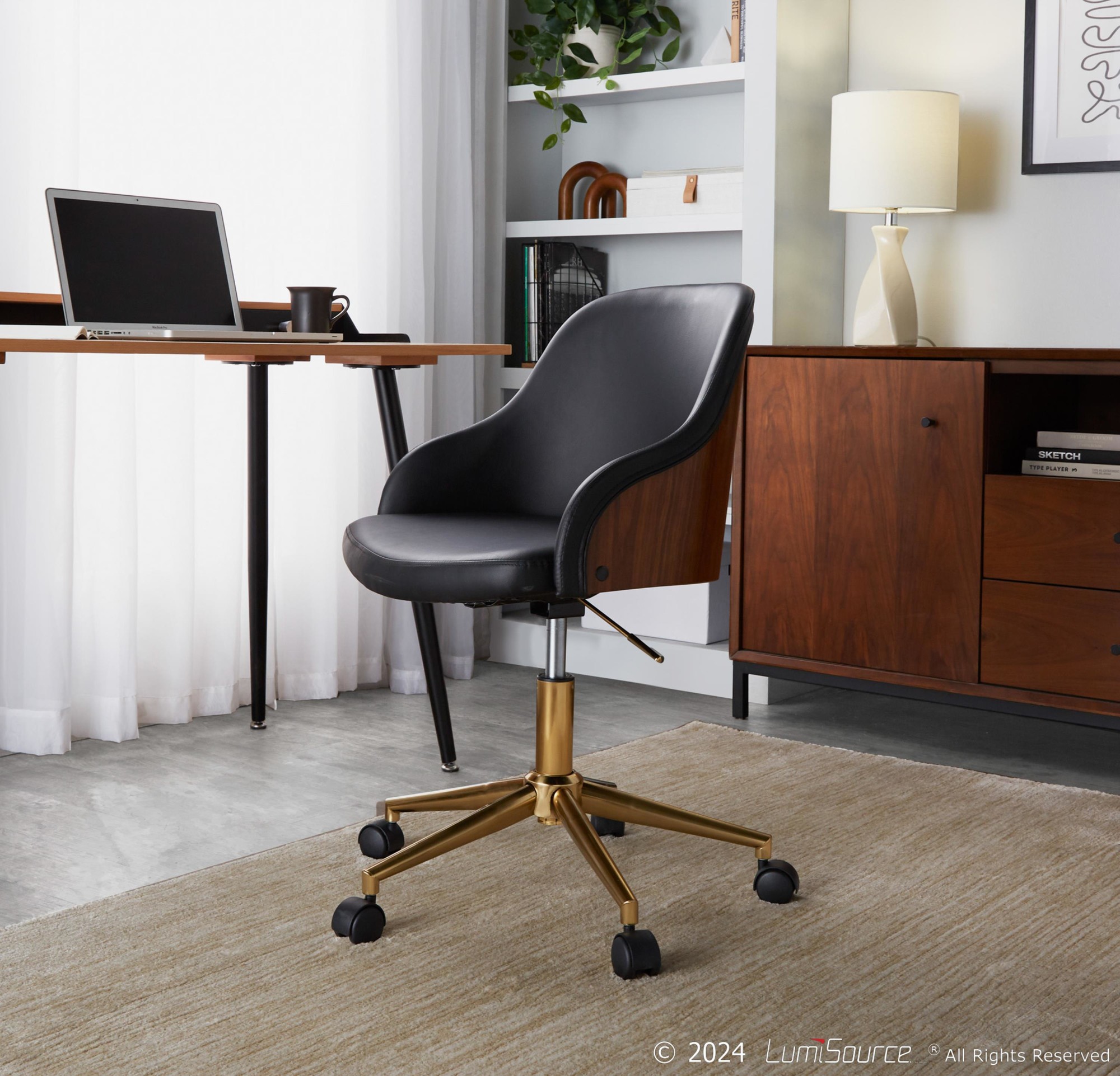 Bacci Contemporary Gold and Walnut Black Faux Leather Office Chair 1 Bacci Contemporary Gold and Walnut Black Faux Leather Office Chair