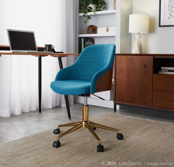 Bacci Contemporary Teal Fabric Office Chair Gold and Walnut
