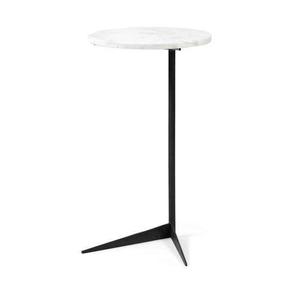 Ballatine II 15L x 15W x 27L White Marble Round Top White w Black Metal Base Accent Table