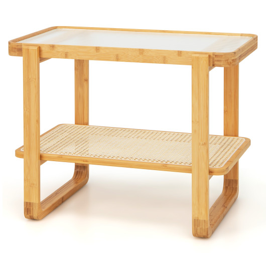 Bamboo Side Table with Glass Top and Rattan Shelf 4 Bamboo Side Table with Glass Top and Rattan Shelf - Image 4