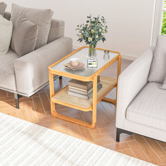 Bamboo Side Table with Glass Top and Rattan Shelf 6 Bamboo Side Table with Glass Top and Rattan Shelf - Image 6