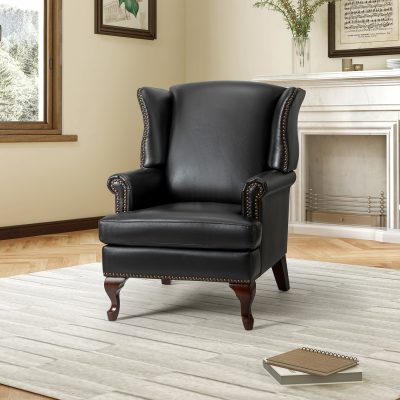 Baptist Black Genuine Leather Nailhead Trim Armchair