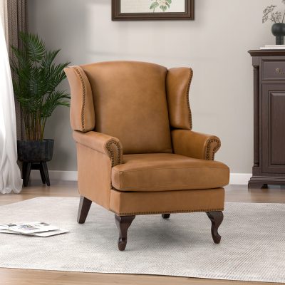 Baptist Camel Genuine Leather Nailhead Trim Armchair