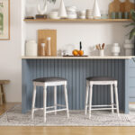 Antique White Bar Stools with Cushions and Wood Legs (Set of 2)