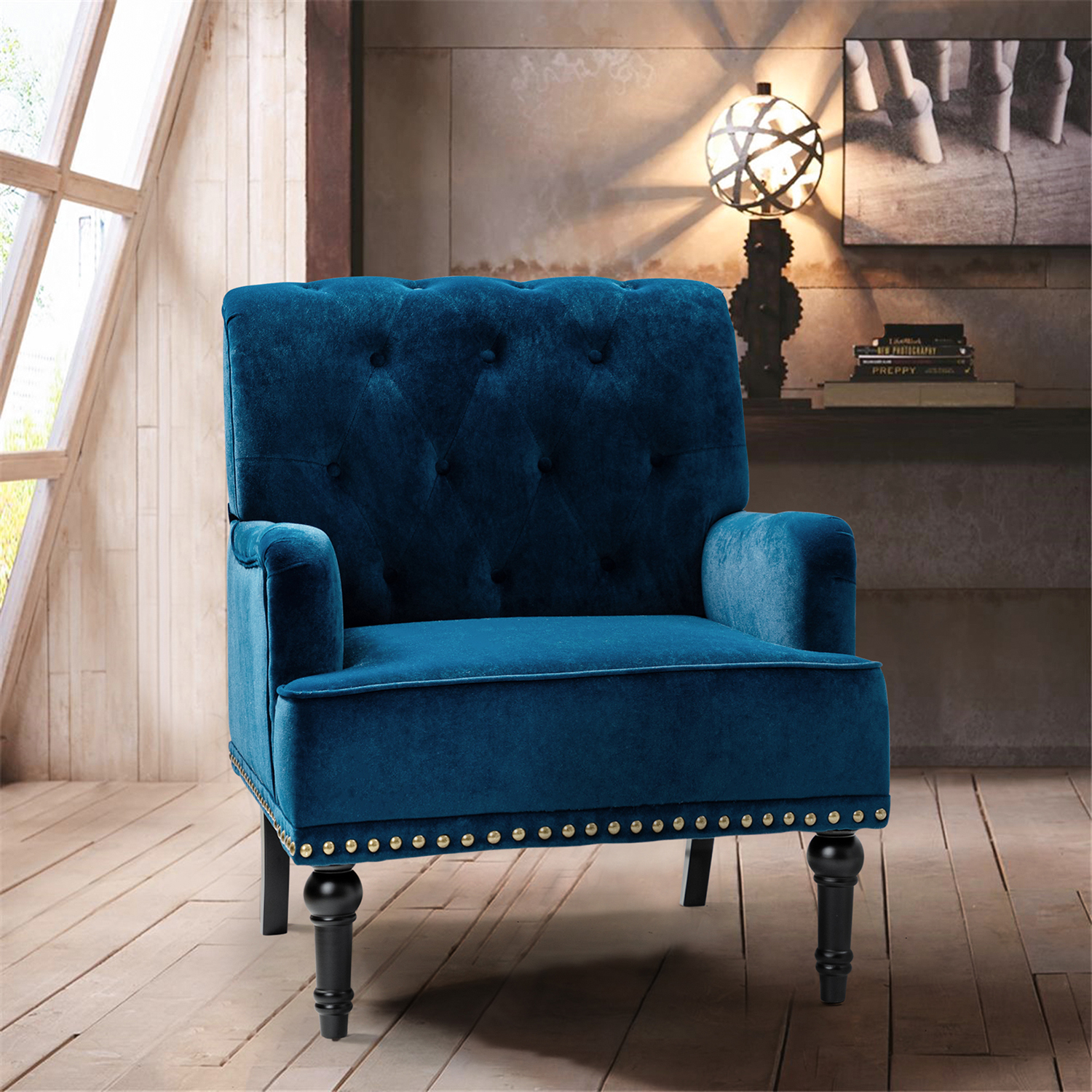 Battista Navy Velvet Glam Nailhead Accent Chair 1 Battista Navy Velvet Glam Nailhead Accent Chair