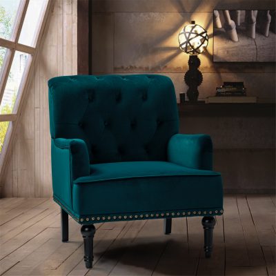 Battista Teal Velvet Glam Nailhead Trim Accent Chair