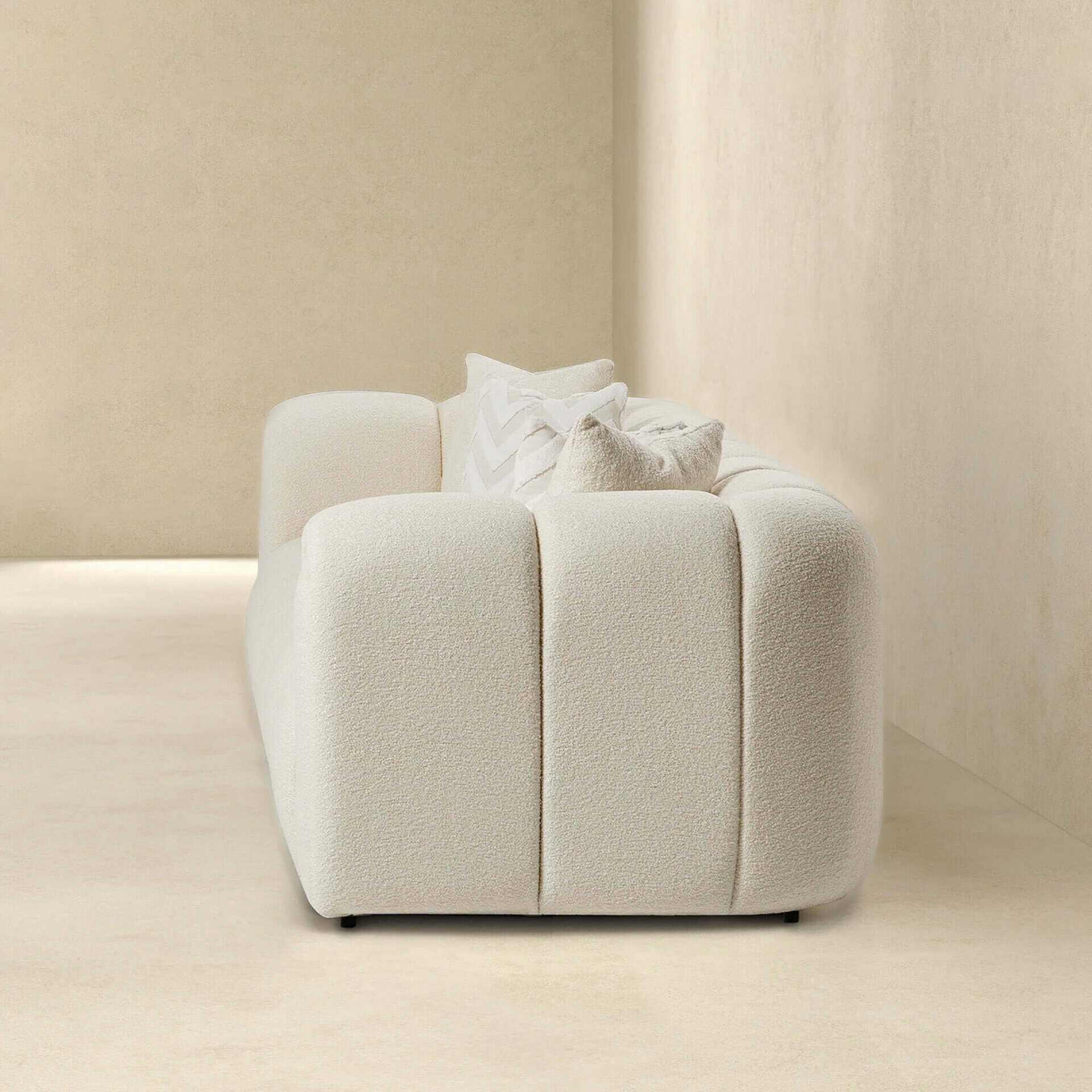 Ivory Boucle Mid-Century Modern Tufted 3-Seater Sofa 12 Ivory Boucle Mid-Century Modern Tufted 3-Seater Sofa