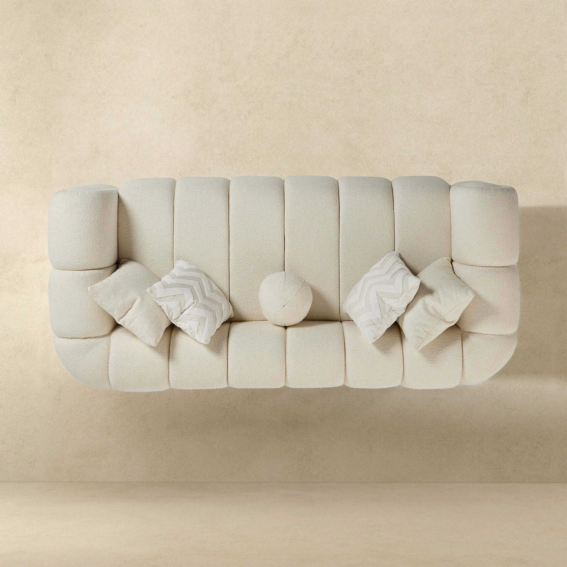 Ivory Boucle Mid-Century Modern Tufted 3-Seater Sofa 11 Ivory Boucle Mid-Century Modern Tufted 3-Seater Sofa
