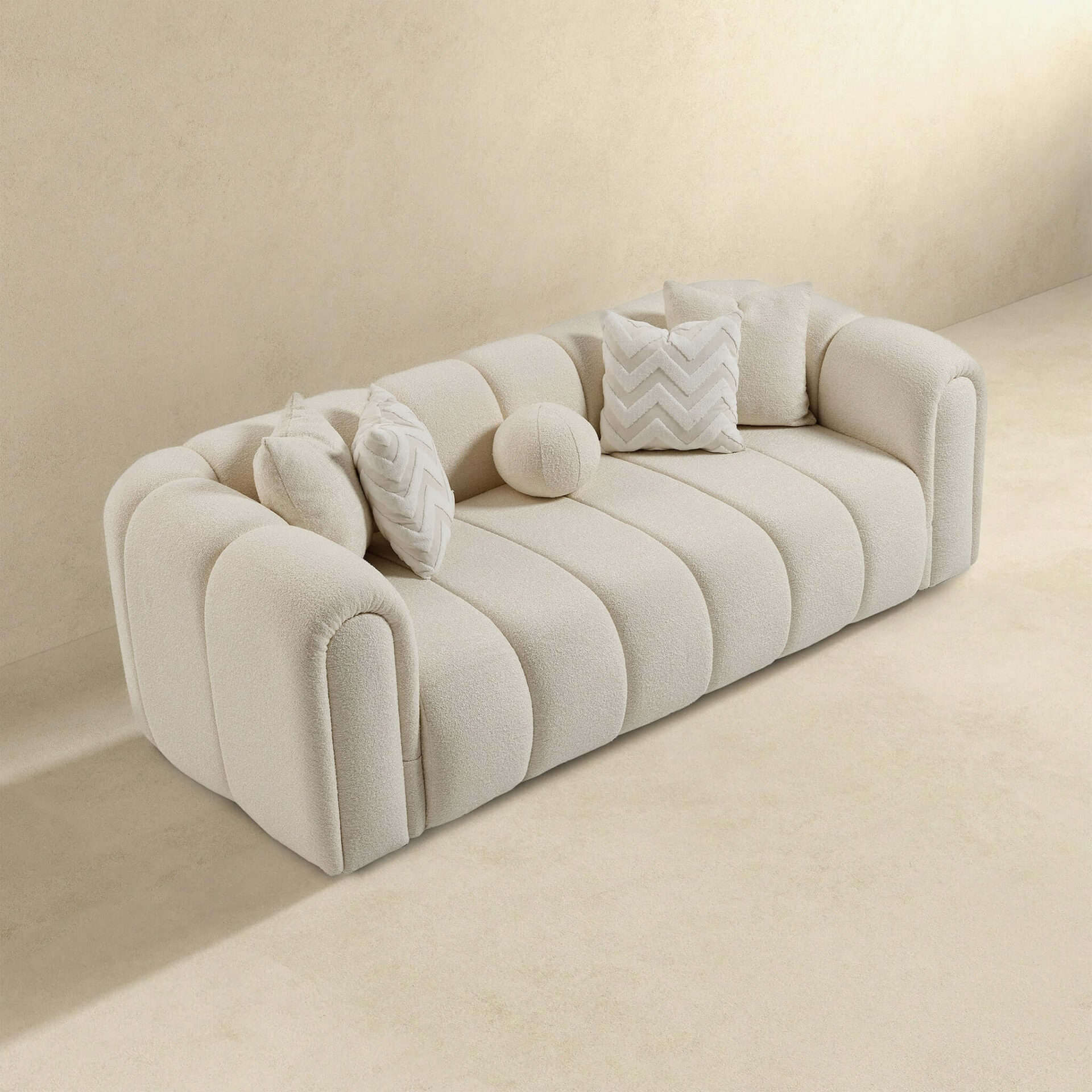 Ivory Boucle Mid-Century Modern Tufted 3-Seater Sofa 3 Ivory Boucle Mid-Century Modern Tufted 3-Seater Sofa - Image 3