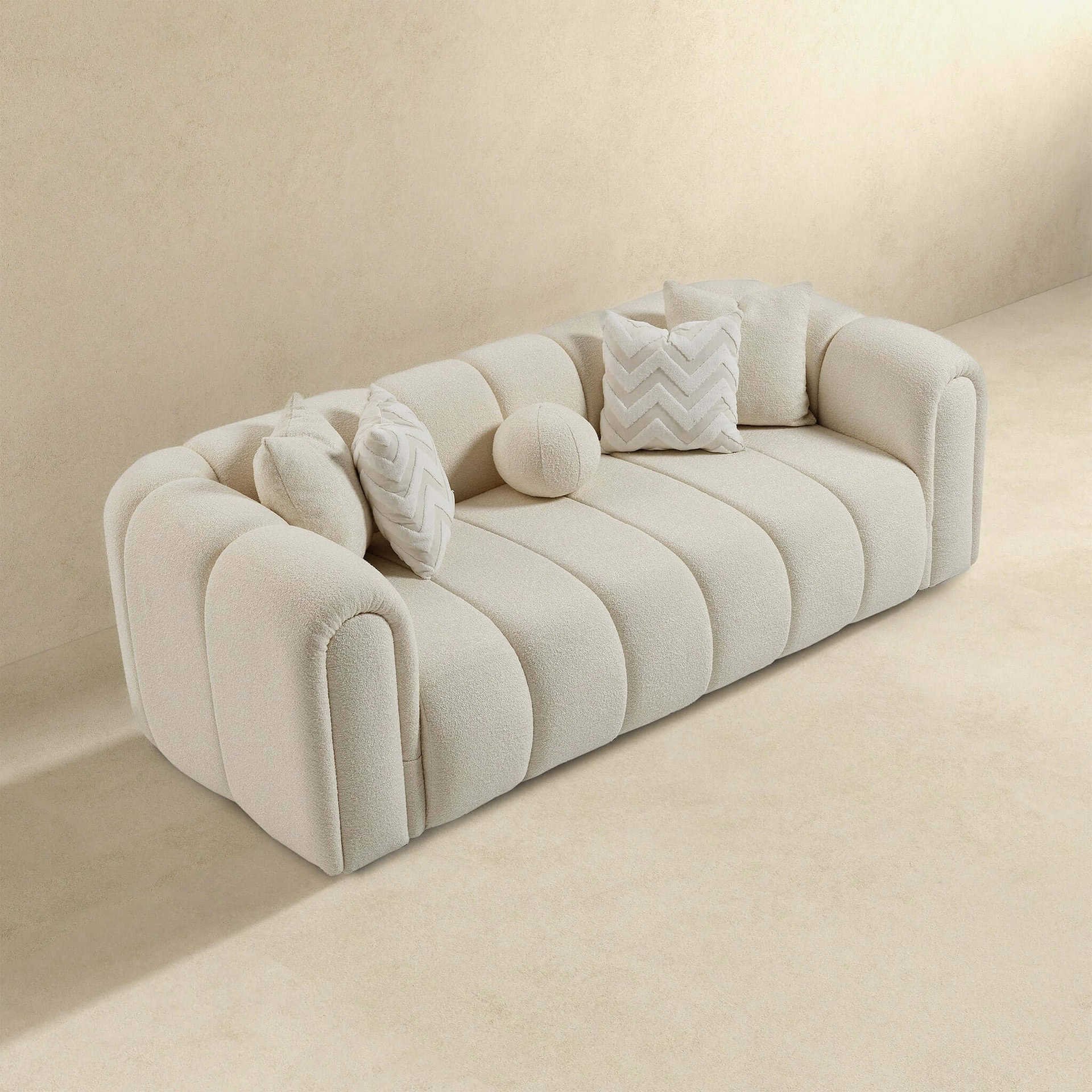 Ivory Boucle Mid-Century Modern Tufted 3-Seater Sofa 9 Ivory Boucle Mid-Century Modern Tufted 3-Seater Sofa