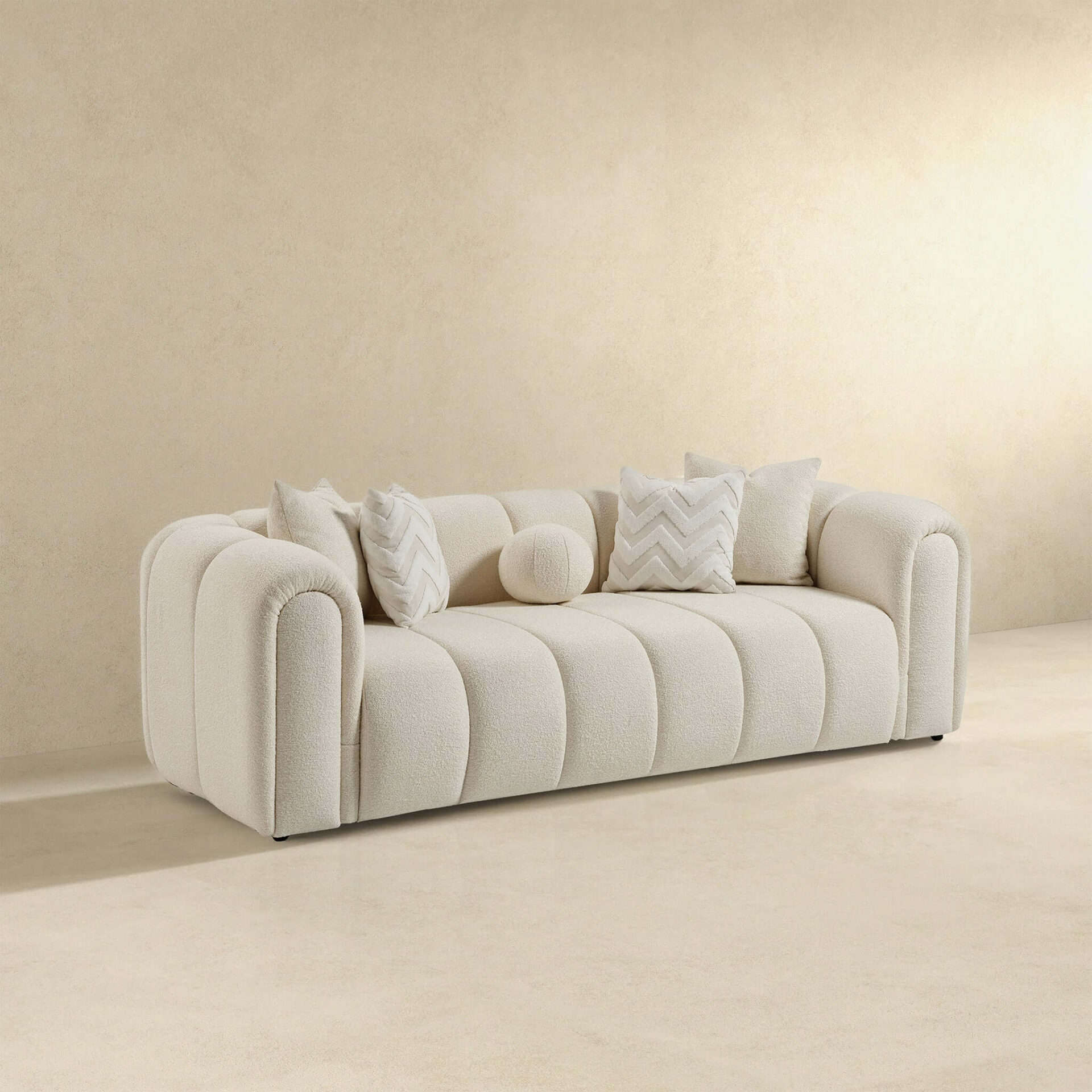 Ivory Boucle Mid-Century Modern Tufted 3-Seater Sofa 2 Ivory Boucle Mid-Century Modern Tufted 3-Seater Sofa - Image 2