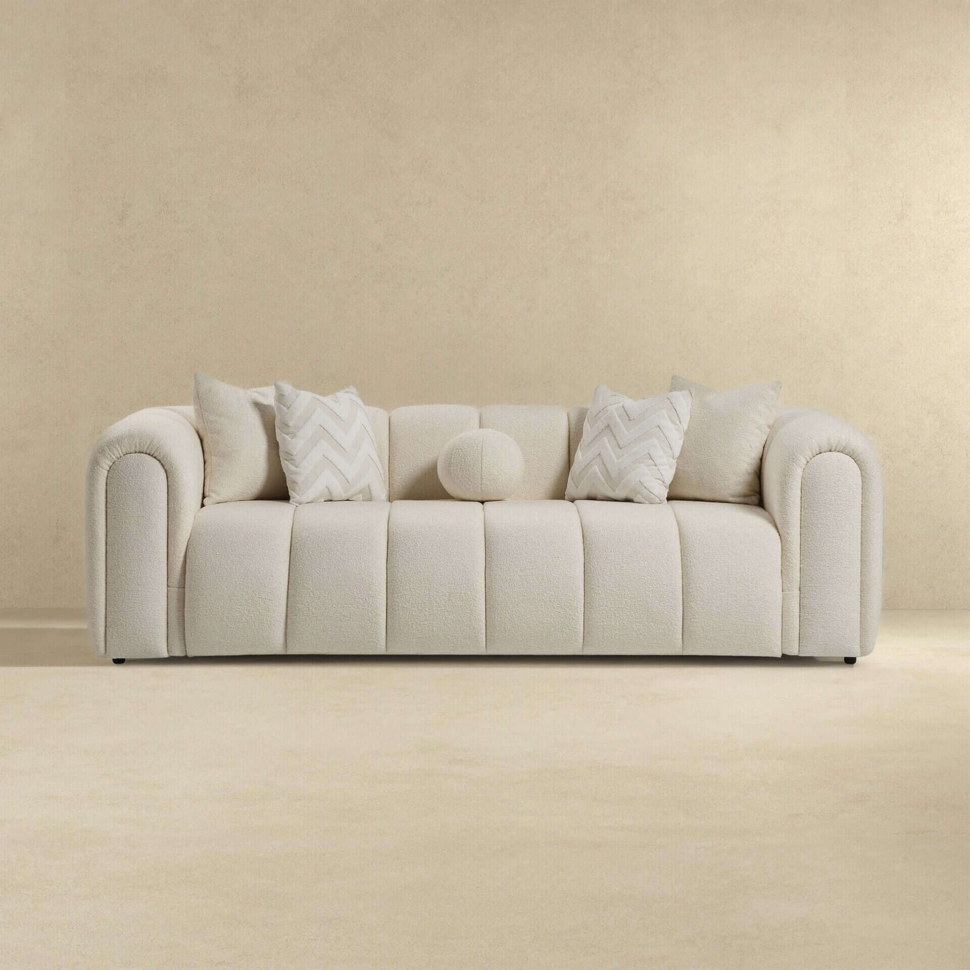 Ivory Boucle Mid-Century Modern Tufted 3-Seater Sofa 4 Ivory Boucle Mid-Century Modern Tufted 3-Seater Sofa - Image 4