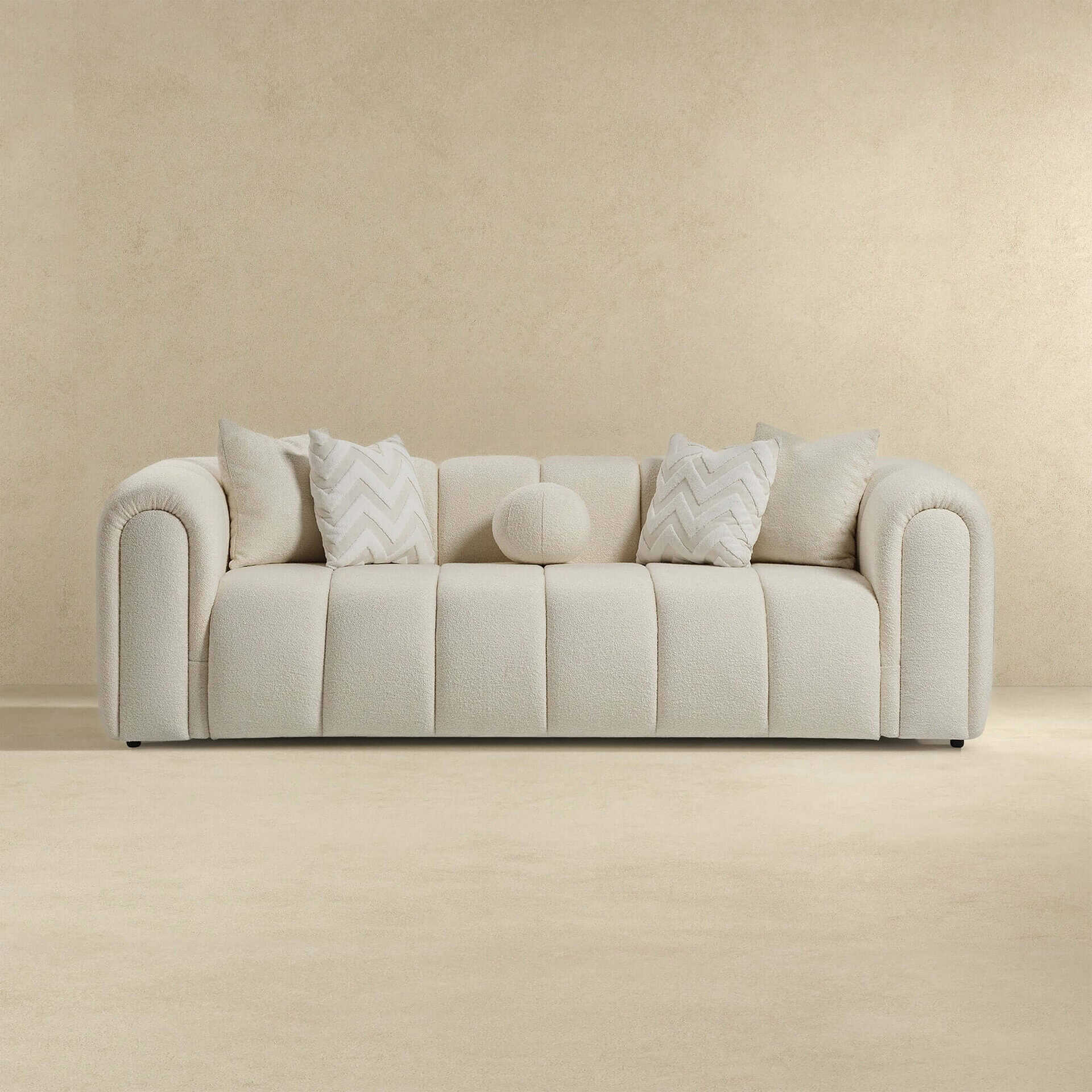 Ivory Boucle Mid-Century Modern Tufted 3-Seater Sofa 10 Ivory Boucle Mid-Century Modern Tufted 3-Seater Sofa