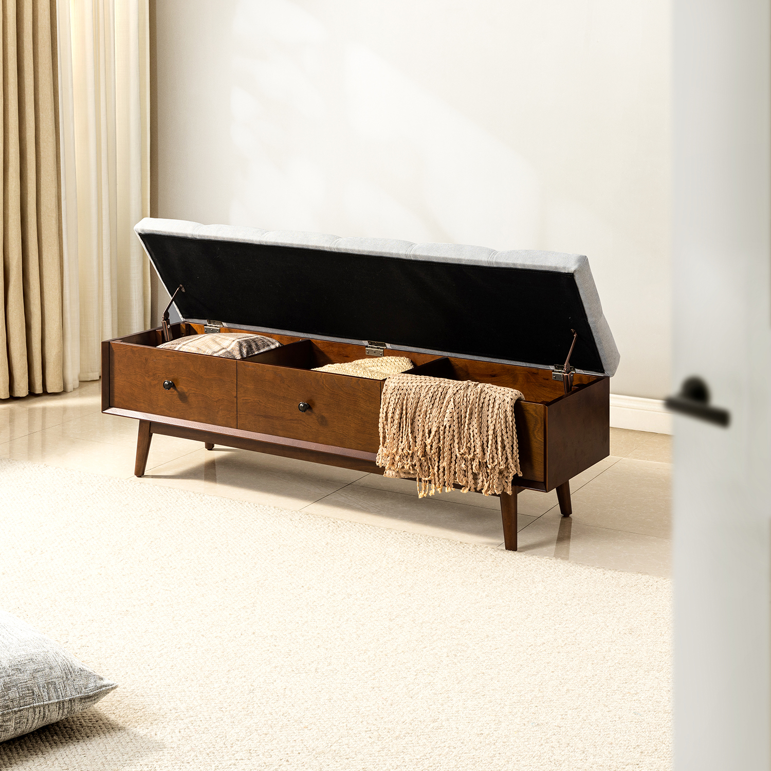 Belinda Walnut Mid-Century Modern Flip-Top Storage Bench 3 Belinda Walnut Mid-Century Modern Flip-Top Storage Bench - Image 3
