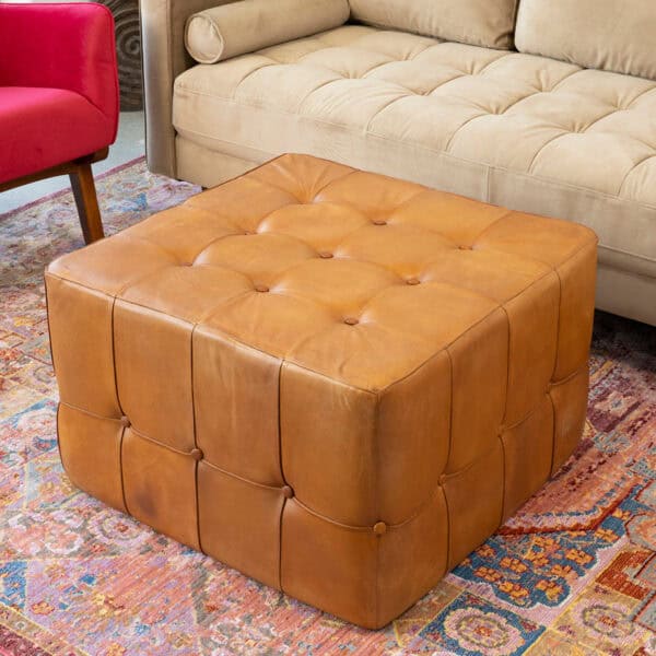 Antique Tan Leather Mid-Century Modern Square Ottoman