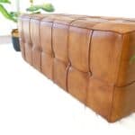 Tan Leather Mid-Century Modern Bench with Teak Frame 9 Tan Leather Mid-Century Modern Bench with Teak Frame