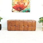 Tan Leather Mid-Century Modern Bench with Teak Frame 10 Tan Leather Mid-Century Modern Bench with Teak Frame