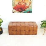 Tan Leather Mid-Century Modern Bench with Teak Frame 7 Tan Leather Mid-Century Modern Bench with Teak Frame