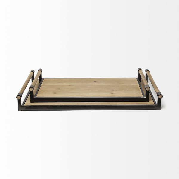 Benson Set of 2 Brown Wood Black Metal Trays 2
