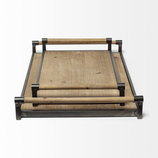Benson Set of 2 Brown Wood Black Metal Trays 3