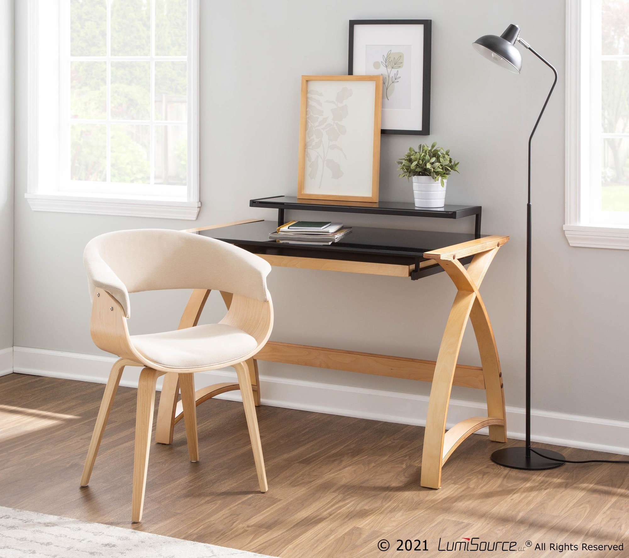 Bentley Mid-Century Modern Natural Wood Black Glass Office Desk 2 Bentley Mid-Century Modern Natural Wood Black Glass Office Desk - Image 2
