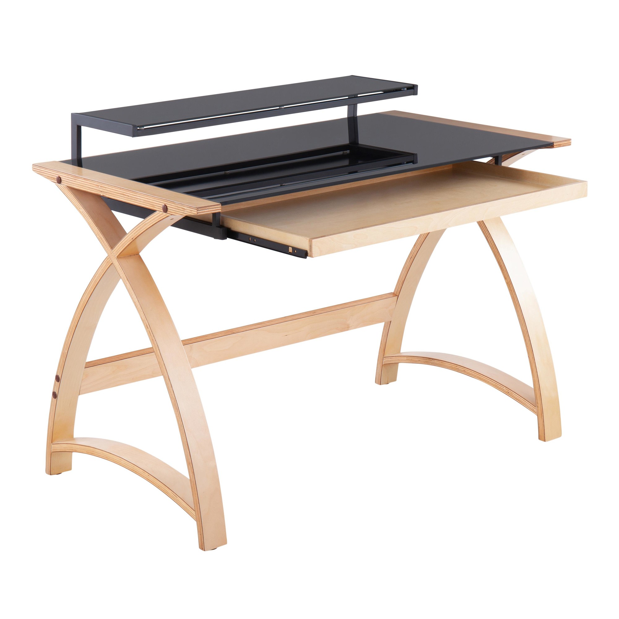 Bentley Mid-Century Modern Natural Wood Black Glass Office Desk 11 Bentley Mid-Century Modern Natural Wood Black Glass Office Desk - Image 11