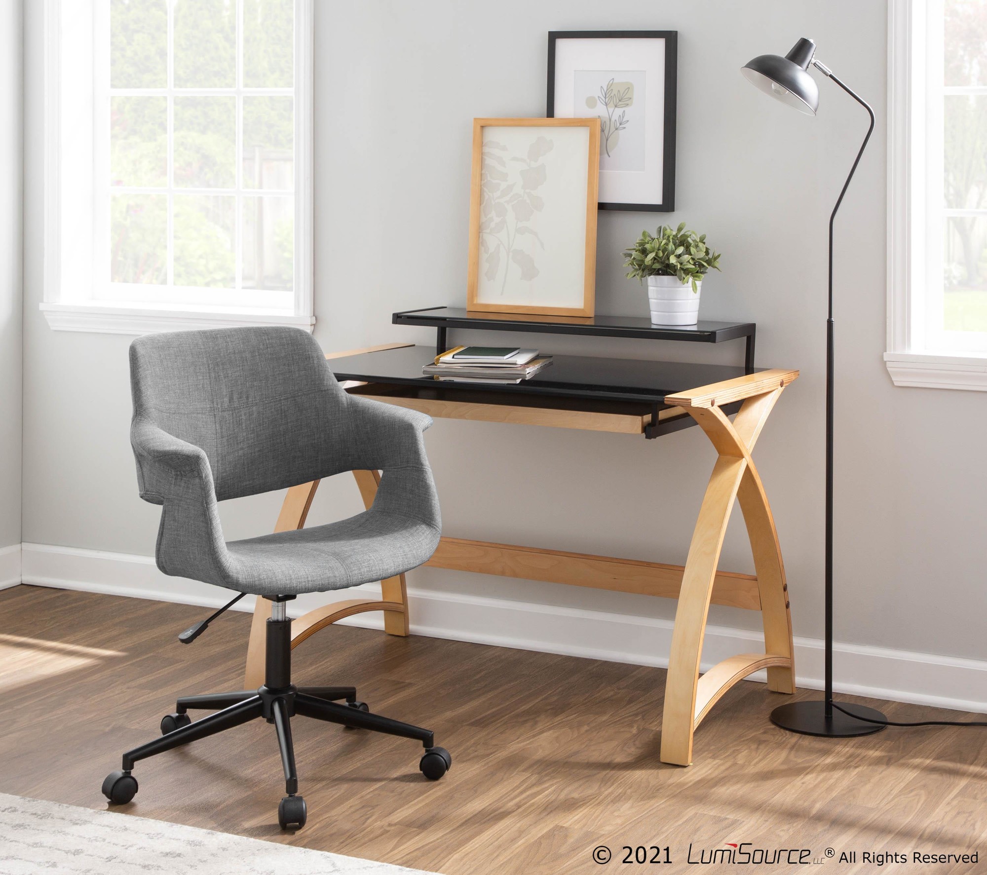 Bentley Mid-Century Modern Natural Wood Black Glass Office Desk 4 Bentley Mid-Century Modern Natural Wood Black Glass Office Desk - Image 4