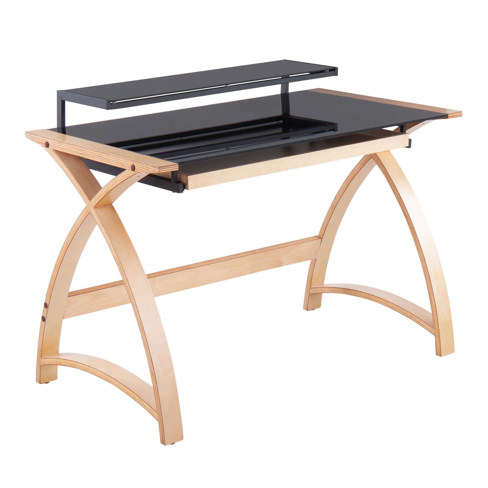 Bentley Mid-Century Modern Natural Wood Black Glass Office Desk 5 Bentley Mid-Century Modern Natural Wood Black Glass Office Desk - Image 5