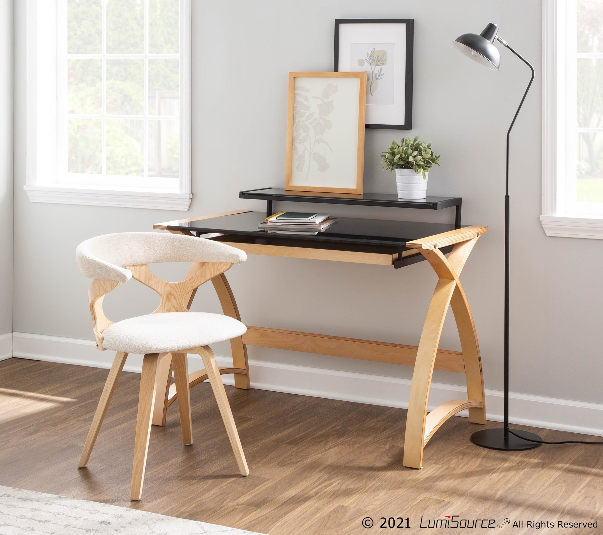 Bentley Mid-Century Modern Natural Wood Black Glass Office Desk 1 Bentley Mid-Century Modern Natural Wood Black Glass Office Desk