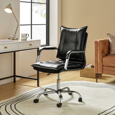 Black Vegan Leather Tufted Wingback Adjustable Height Swivel Task Chair