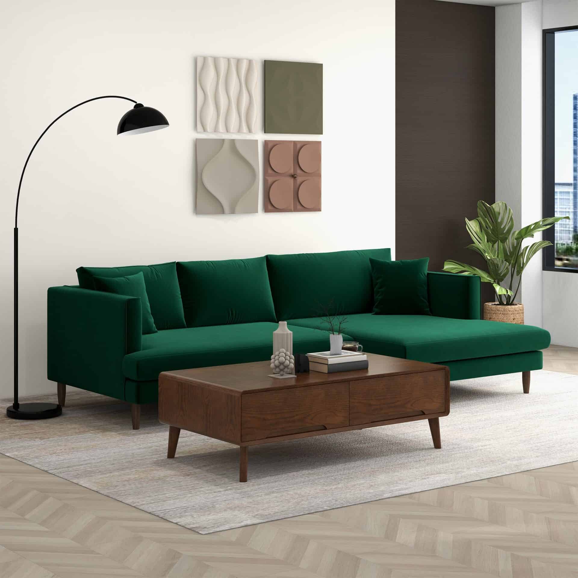 Green Velvet L-Shaped Sectional Sofa Right Facing 2 Green Velvet L-Shaped Sectional Sofa Right Facing - Image 2