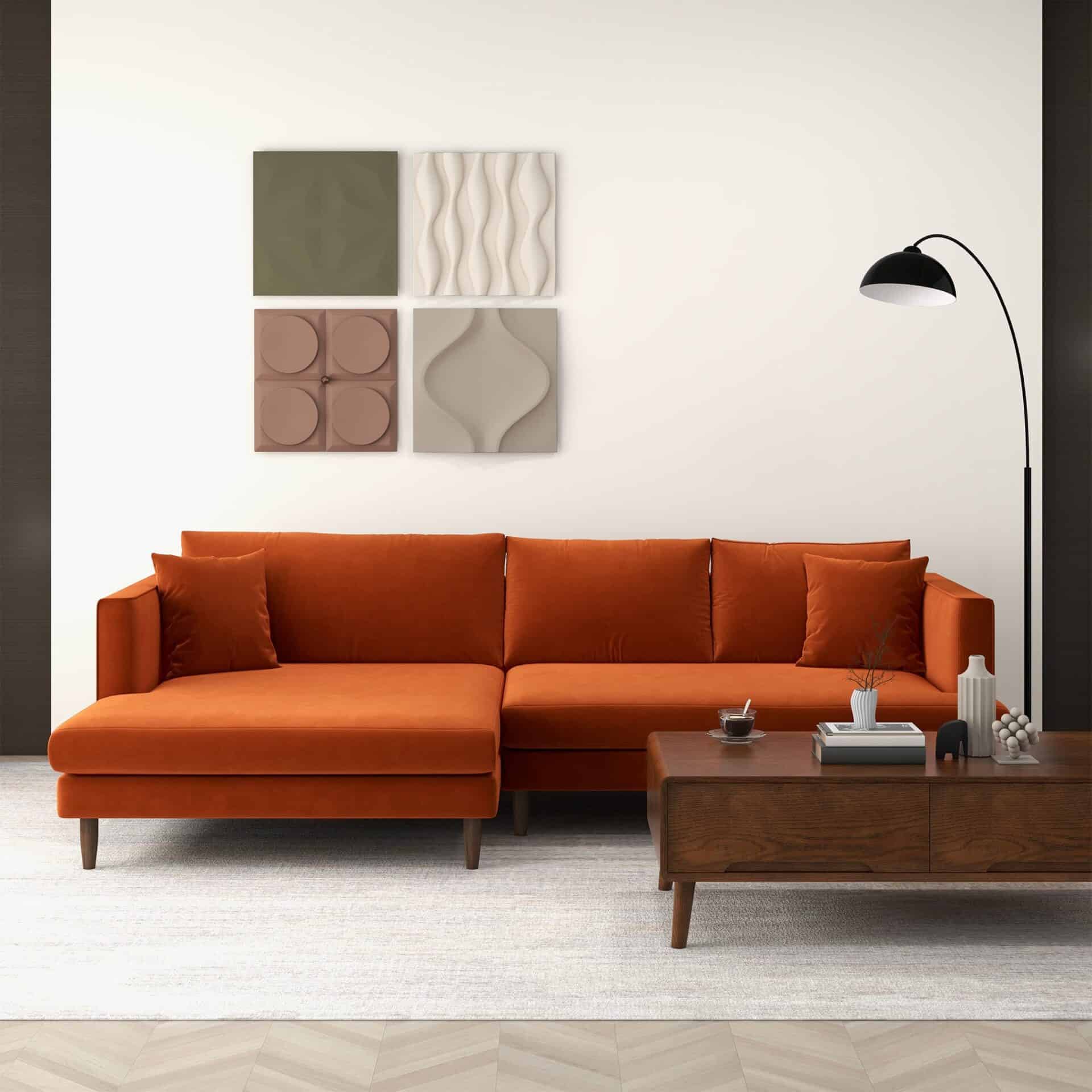 Orange Velvet L-Shaped Sectional Sofa Right Facing 2 Orange Velvet L-Shaped Sectional Sofa Right Facing - Image 2