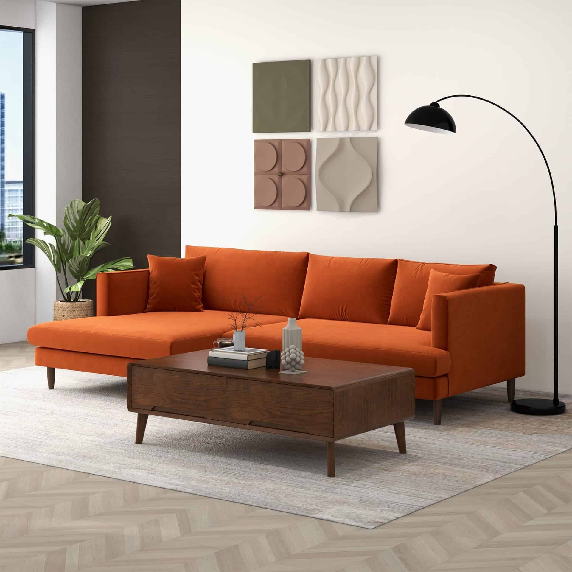 Orange Velvet L-Shaped Sectional Sofa Right Facing 3 Orange Velvet L-Shaped Sectional Sofa Right Facing - Image 3