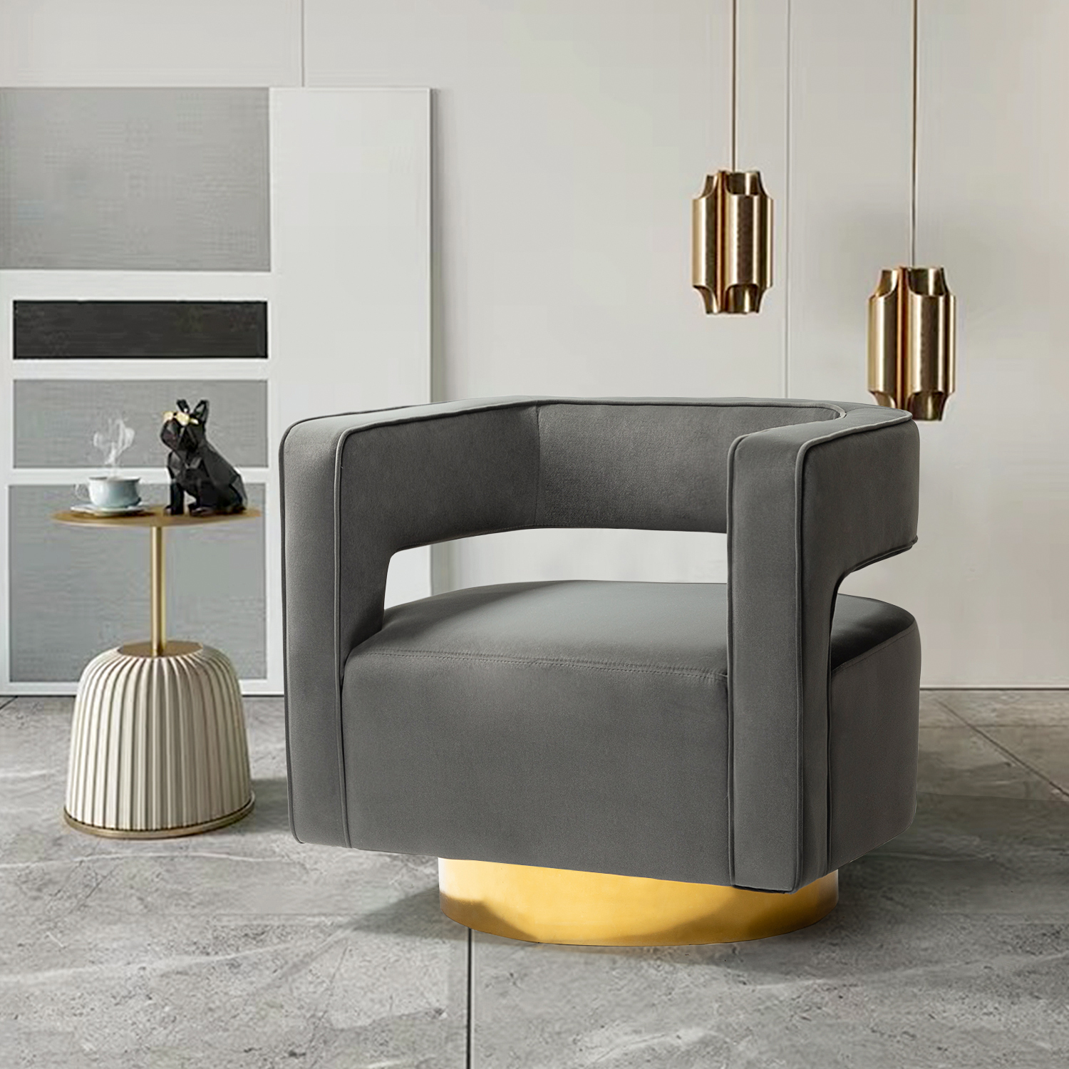 Blanca Grey Velvet Swivel Barrel Accent Chair 1 Blanca Grey Velvet Swivel Barrel Accent Chair