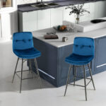 Velvet Upholstered Bar Stools with Tufted Back and Footrests (Set of 2)