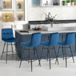 Velvet Upholstered Bar Stools with Tufted Back and Footrests (Set of 2)