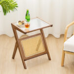 Boho Style End Table with Rattan Shelf and Glass Top