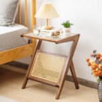 Boho Style End Table with Rattan Shelf and Glass Top