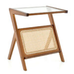 Boho Style End Table with Rattan Shelf and Glass Top